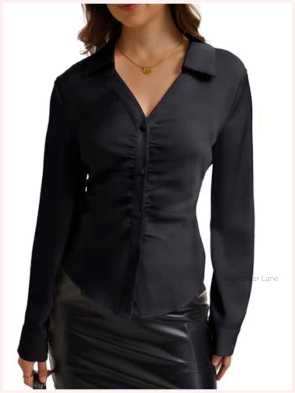 Satin Button Down Blouse Fitted Long Sleeve V-Neck Office Work Shirt